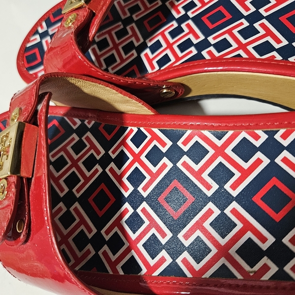 Tory Burch Dixon Patent Leather Wood Slides size 8 Womens Shoes Red Blue clogs - Picture 8 of 16